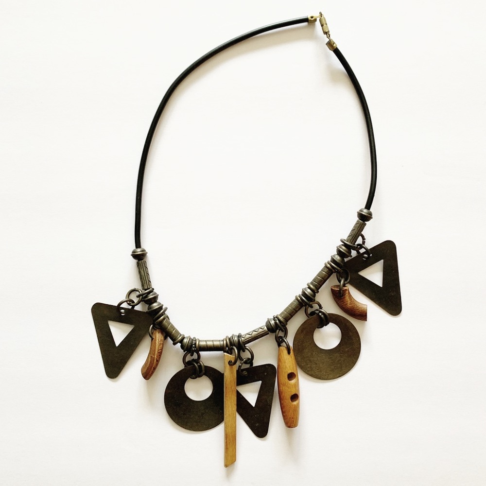 Vintage boho wood & metal wind chimes necklace